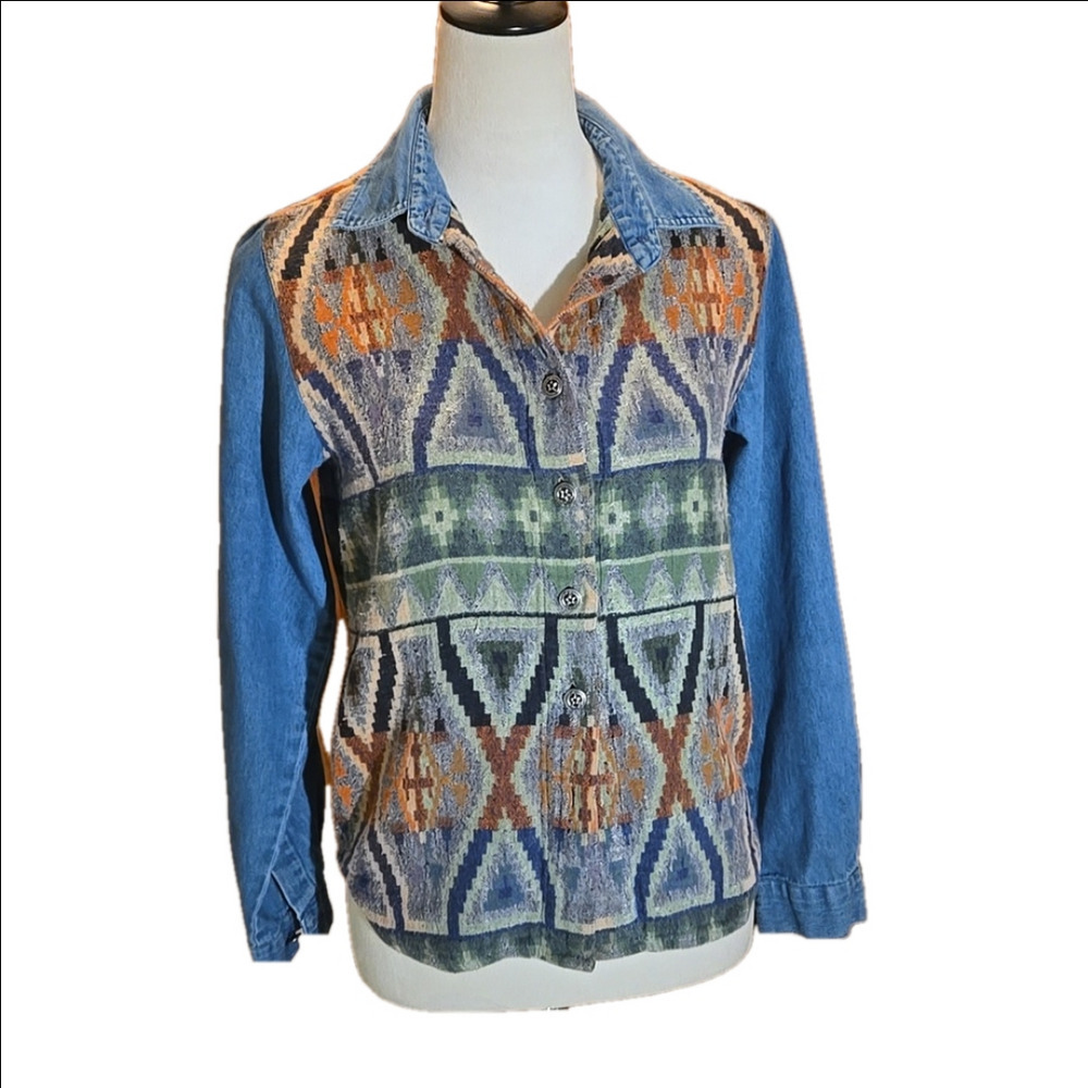 Side Saddle Southwestern Cotton & Denim Shirt / Overshirt Women size M - Flawed